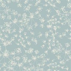 a blue and white wallpaper with dandelions in the middle, on a gray background