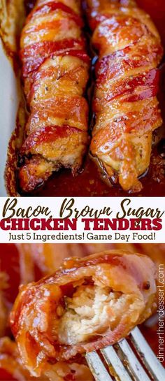 The perfect treat for your game day parties! Brown Sugar Bacon Chicken Tenders! Bacon Brown Sugar Chicken, Chicken Tenders Dinner, Brown Sugar Chicken, Brown Sugar Bacon, Bacon Chicken, Think Food, Football Food, Bacon Recipes, Game Day Food