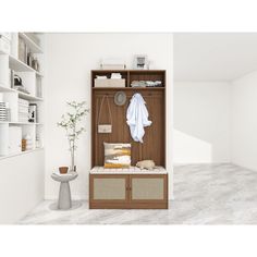 a white room with a wooden bench and shelves