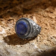 OTTASILVER Mens 925 Sterling Silver Ring Lapis Lazuli Gemstone, Blue Lapis Lazuli, Lapis Lazuli Stone, Blue Lapis, Cz Diamond, Unique Charms, Hand Engraving, Stone Ring, 925 Sterling Silver Ring