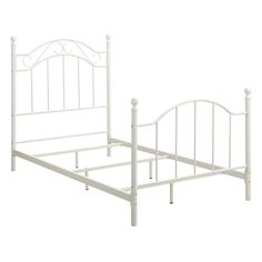 a white metal bed frame with headboard and foot board on an isolated white background