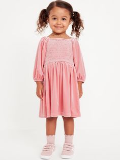 square neckline long puff sleeves smocked bodice flared skirt fitted at top flared skirtmachine wash according to the care instruction label  . Best Holiday gift for toddler Toddlers , perfect Dresses for Christmas! Velvet Dress Pink, Pink Velvet Dress, Old Navy Toddler Girl, Kids Artwork, Skirt Fits, Toddler Girl Dresses, Long Puff Sleeves, Toddler Girl Outfits, Flared Skirt