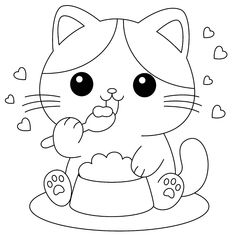 a cat eating out of a bowl with hearts on it's tail and eyes