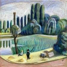 a painting of a man standing in front of a lake with trees on the other side