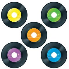 four different colored vinyl records on a white background