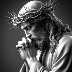 a black and white photo of jesus holding his hands to his face while wearing a crown