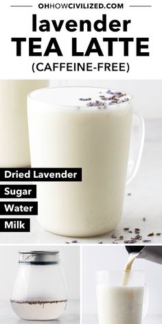 a collage of photos showing the ingredients for a homemade lavender tea latte recipe