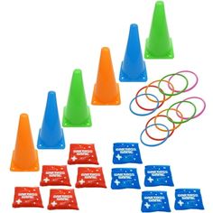 an assortment of plastic cones and rings