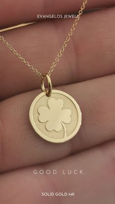 Hundreds of years ago in Ireland, the four-leaf clover became a symbol of luck with the four leaves representing faith, hope, love, and success. 14k Gold Engraved Necklace For Good Luck, Good Luck Engraved 14k Gold Necklace, 14k Gold Round Pendant Charm Necklace For Good Luck, Good Luck Pendant Jewelry Stamped 14k, Stamped 14k Yellow Gold Charm Necklaces, Good Luck 14k Stamped Pendant Jewelry, Dainty 14k Gold Necklace With Hallmark, Classic Yellow Gold Necklaces For Good Luck, Dainty Yellow Gold Charm Necklace For Good Luck