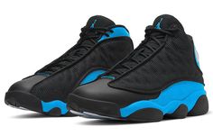 The Air Jordan 13 Retro 'Black University Blue' is a sleek and stylish sneaker perfect for any activity. Its black upper is accented by University Blue details, giving it a unique and eye-catching look. The rubber sole provides long-lasting comfort and durability, making it a great choice for any sneaker enthusiast. This sneaker is inspired by the Jordan Brand's recent trend of swapping out the OG version's red color for Uni Blue. It's the perfect addition to any sneaker collection. (SNKR/Men's/ Yeezy 750, Jordan 13 Black, Retro Basketball Shoes, Air Jordan 13 Retro, Jordan 13 Retro, Nike Dunk High, Air Jordan 3, Nike Air Max Plus, Jordan 13