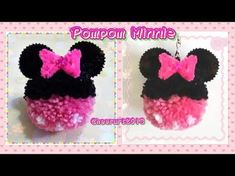 two pictures of minnie mouse ears with pink and black bows on them, one is made out of pom - poms