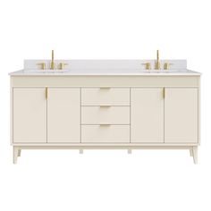 an image of a double sink vanity with two gold faucets on the top