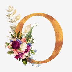 the letter o is decorated with flowers and leaves