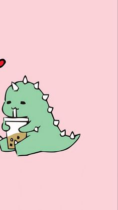 a green dinosaur with a cup of coffee in its hand and a red balloon flying above it