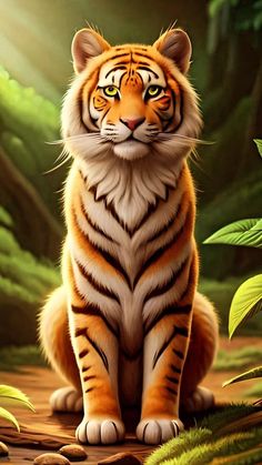 a tiger sitting in the middle of a forest