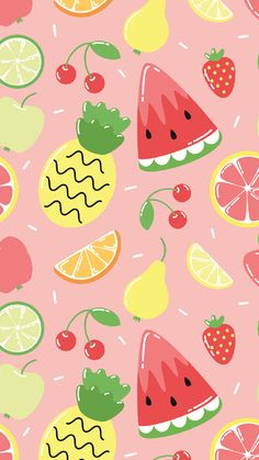 a pink background with various fruits and vegetables on it's sides, including lemons, watermelon, cherries, strawberries