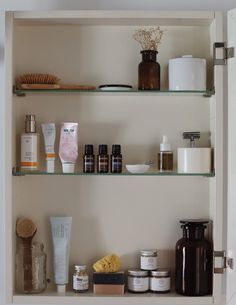 the shelves are filled with different types of beauty products and personal care items on them