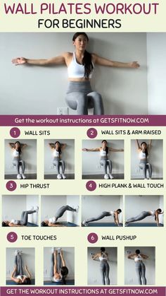 a woman doing yoga poses with the words wall pilatess workout for beginners