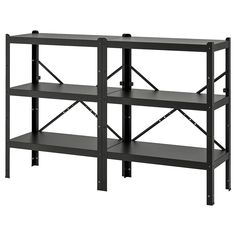 a black shelf with three shelves on each side