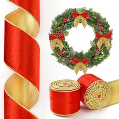 two rolls of red satin ribbon next to a christmas wreath and ribbons on white background