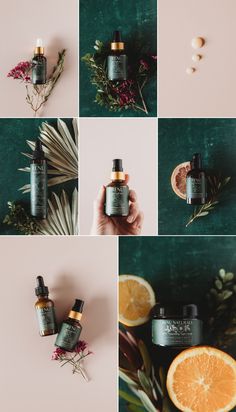 the collage shows different types of skin care products, including oranges and herbs