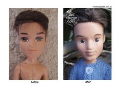 before and after photos of an old doll's face with the same haircut