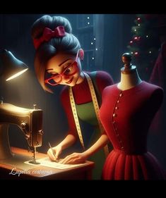 a woman working on a sewing machine in front of a mannequin and christmas tree