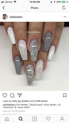 White Glitter Nails, White Nail Designs, Sparkle Nails, Homecoming Nails, Prom Nails, Glitter Nail Art, Coffin Nails Designs, Gel Nail Art