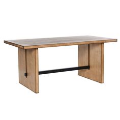 a wooden table with metal legs and a black handle on the end, against a white background