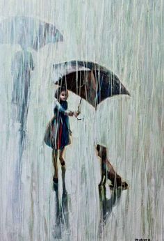 two people holding umbrellas in the rain with their dogs on leashes under them