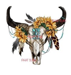 a cow skull with sunflowers and feathers on it's head is shown