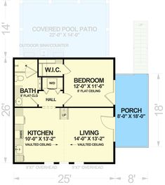 the floor plan for a two bedroom house with an attached garage and living room area