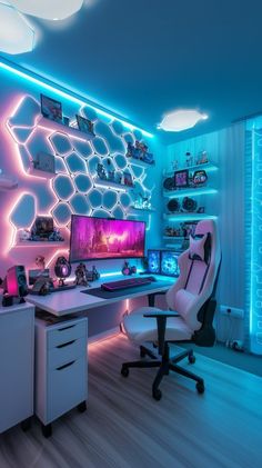 a computer desk with two monitors and a chair in front of it, lit up by neon lights