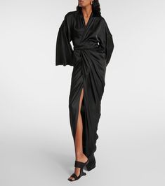 Satin wrap gown in black - Rick Owens | Mytheresa Rick Owens Women, Designer Kids Clothes, Dress Home, Maxi Dress Evening, Maxi Gowns, Rick Owens, Satin Fabric, Evening Gowns, Designing Women