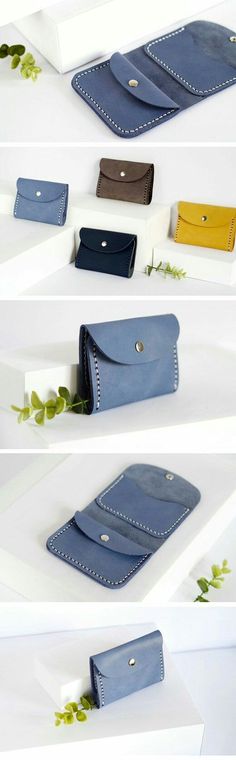 four different types of wallets are shown in three different colors and sizes, one is blue