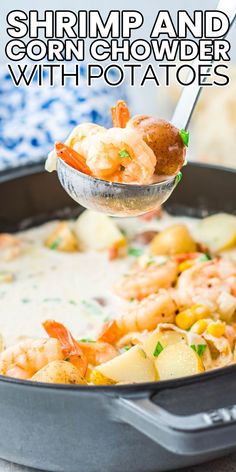 shrimp and corn chowder with potatoes in a skillet being spooned into it