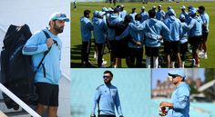 several pictures of men in blue shirts and black shorts on the sidelines, with one man carrying a backpack