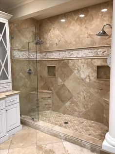 a walk in shower sitting next to a white cabinet