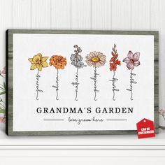 a card with the words grandma's garden on it and flowers in different colors