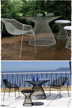 three different tables and chairs sitting on top of a patio