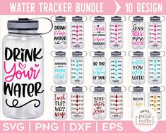 the water trackerr bundle includes six different bottles and two matching labels for each bottle