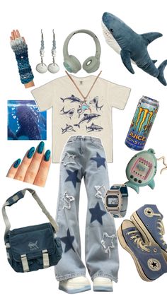 Shark outfit! Grungy Outfit, Shark Clothes, Kidcore Fashion, Shark Outfit, Shark Dress, Soft Grunge Outfits, Y2k Fits, Backpack Clothes