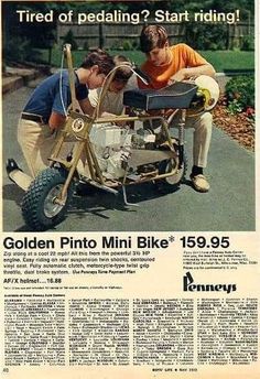 an advertisement for the golden pinto mini bike, featuring two men working on it