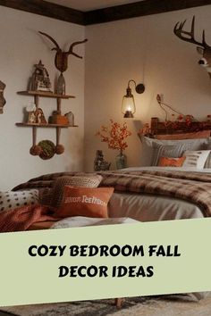 cozy bedroom fall decor ideas with deer heads on the wall