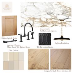 an image of kitchen design board with different colors and finishes for the cabinets, counter tops, drawers, sink, and faucets