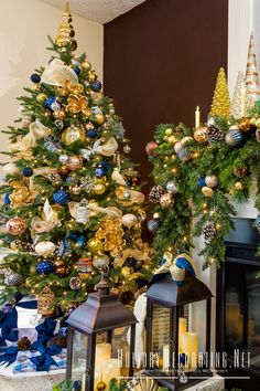 two christmas trees decorated with gold and blue ornaments