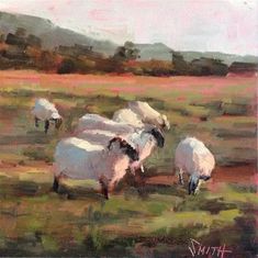 an oil painting of sheep grazing in a field