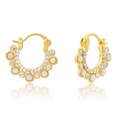 Stunning opal studded huggies with CZ accents, wear on the reverse for a simple gold and pavé studded look. Gold plated brass, CZ, opal. SKU: TE-3776 Tai Jewelry, Opal Studs, Earrings Collection, Chic Boutique, Cz Stone, Huggies Earrings, Everyday Fashion, Gold Bracelet, Opal