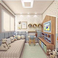 a child's bedroom with teddy bears on the floor