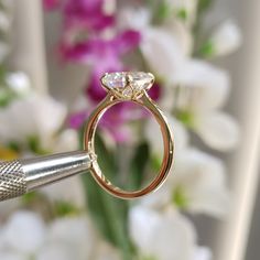 a close up of a diamond ring being held by a person's hand with flowers in the background